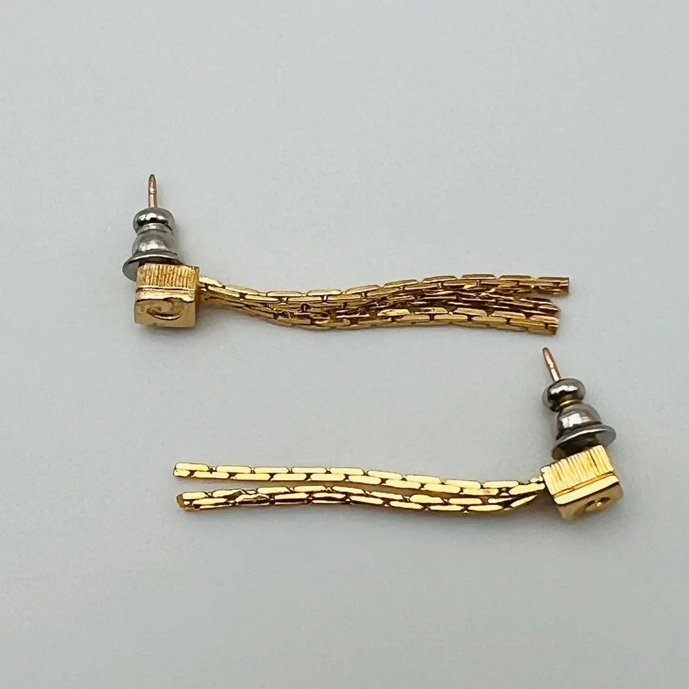 Gold Tone‎ Spiral Square Post Earrings with Multi Chain Tassel Dangle Drops